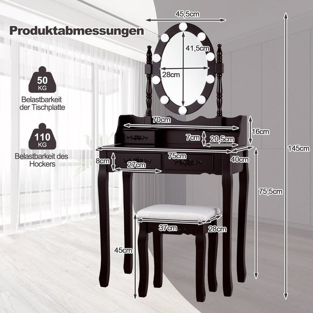 Dressing table with LED lighting adjustable brightness dressing table with 4 drawers black