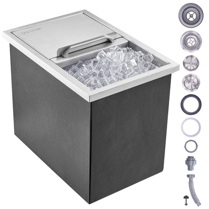 Drop-In Ice Bin, 28 Qt Stainless Steel, Sliding Lid, Drain