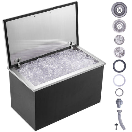 Drop-In Ice Chest, 83 QT, Stainless Steel, Hinged Lid, Drain Plug