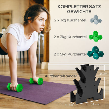 Hanteļu komplekts 6 hanteles ar hanteļu statīvu, 2 x 1 kg, 2 x 3 kg, 2 x 5 kg metāla hanteļu komplekts fitnesam, vingrošanai, mājām