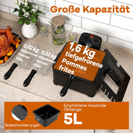 Elektriskā fritierite 5 l, 1700 W, 3 grozi, melna