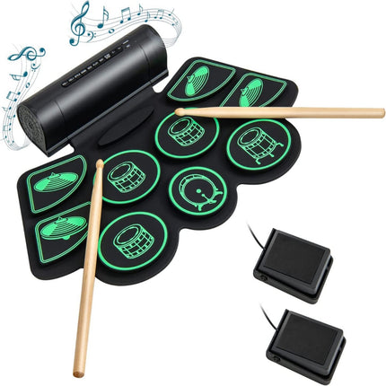 Elektrisko bungu komplekts ar 9 padiem. Sarullējams bungu treniņu pads ar 2 stereo skaļruņiem.