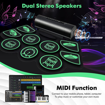Elektrisko bungu komplekts ar 9 padiem. Sarullējams bungu treniņu pads ar 2 stereo skaļruņiem.