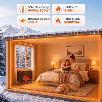 Electric Fireplace Heater 800/1600W with 3D Flame Effect, Thermostat, Black
