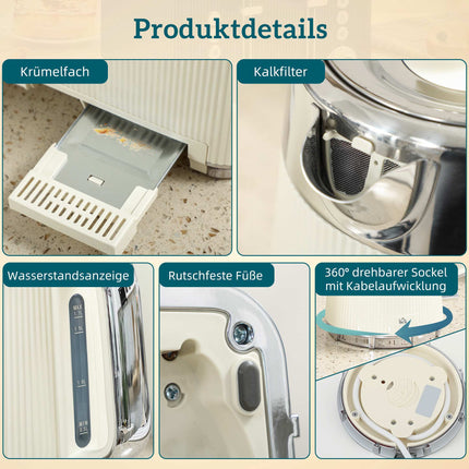 Elektriskā tējkanna 1,7 l 2200 W un 4 šķēļu tosteris, krēmbalts