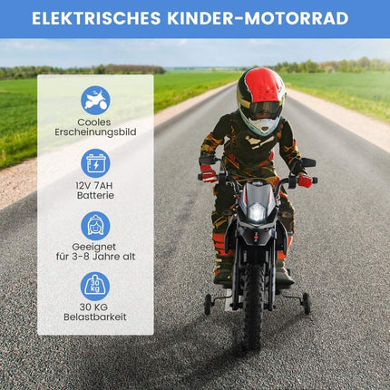 Elektriskais bērnu motocikls ar treniņriteņiem, mūziku, 12 V akumulatoru