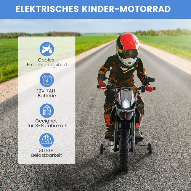 Elektriskais bērnu motocikls ar treniņriteņiem, mūziku, 12 V akumulatoru