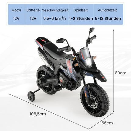 Elektriskais bērnu motocikls ar treniņriteņiem, mūziku, 12 V akumulatoru