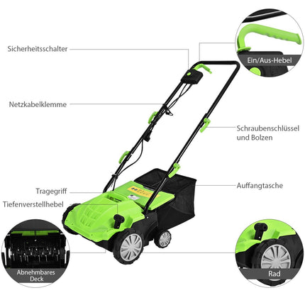 Elektriskais zāliena skarifikators un aerators, 1500 W, 30 litru maiss, 32 cm platums
