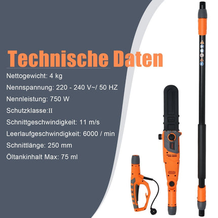 Elektriskais kātu zāģis, regulējams 212-286 cm, daudzleņķa galva