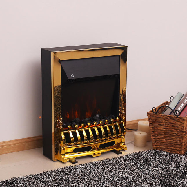 Elektriskais brīvi stāvošais kamīns ar liesmas efektu 1000/2000W 48,2 x 18,5 x 59,2 cm zelta krāsā mājīgiem vakariem