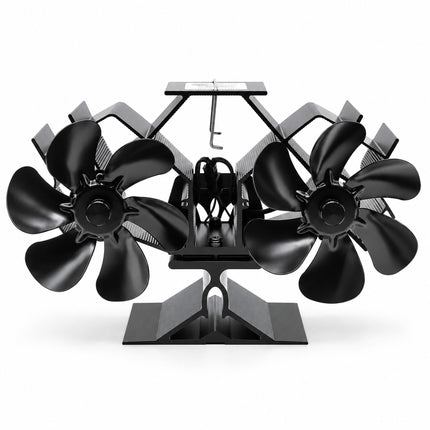 Electricity-Free Twin Motor Stove Fan with 12 Blades, Black Aluminium