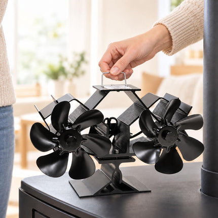 Electricity-Free Twin Motor Stove Fan with 12 Blades, Black Aluminium