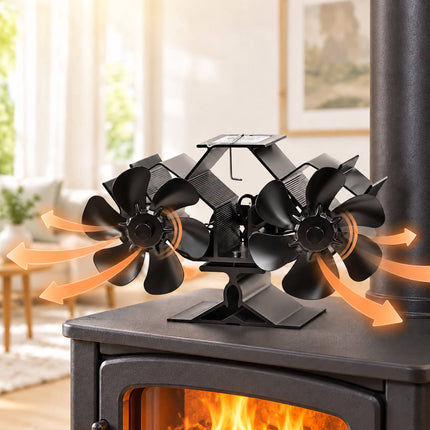 Electricity-Free Twin Motor Stove Fan with 12 Blades, Black Aluminium