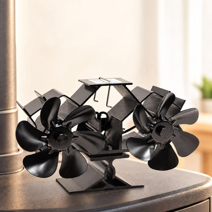 Electricity-Free Twin Motor Stove Fan with 12 Blades, Black Aluminium
