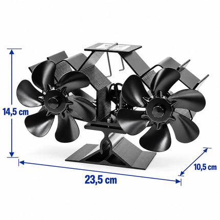 Electricity-Free Twin Motor Stove Fan with 12 Blades, Black Aluminium
