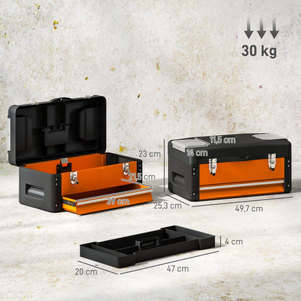 Tukša instrumentu kaste, 49,7 x 25,3 x 23 cm instrumentu kaste ar atvilktni, mini kaste, tērauda, oranža