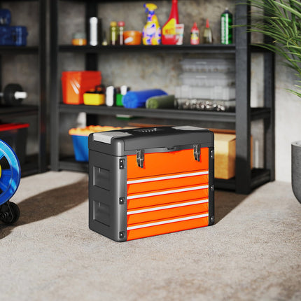 Tukša instrumentu kaste, 49,7 x 25,3 x 40,7 cm, instrumentu kaste ar 4 atvilktnēm, mini kaste, tērauda, oranža