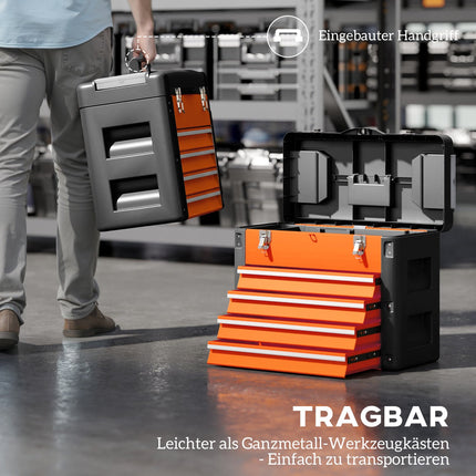 Tukša instrumentu kaste, 49,7 x 25,3 x 40,7 cm, instrumentu kaste ar 4 atvilktnēm, mini kaste, tērauda, oranža