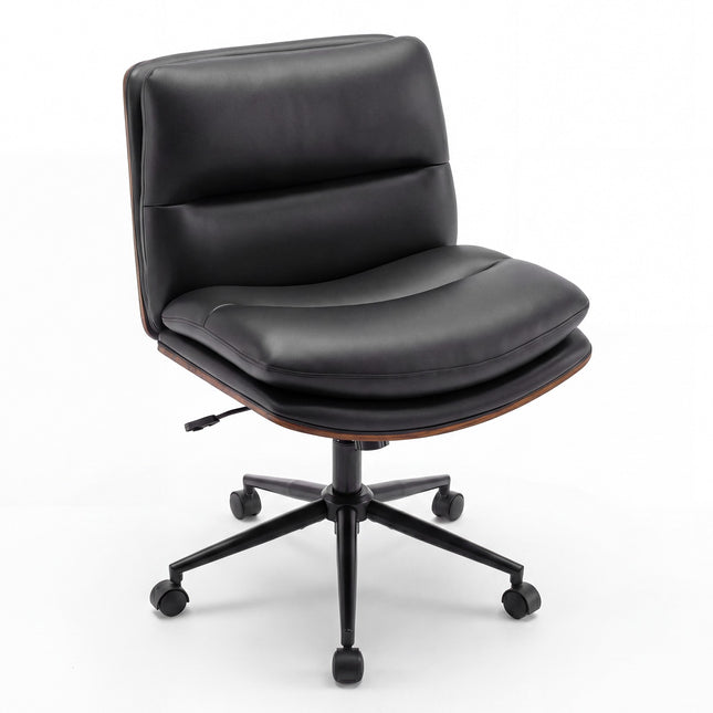 Ergonomisks melns rakstāmgalda krēsls ar riteņiem, bez roku balstiem