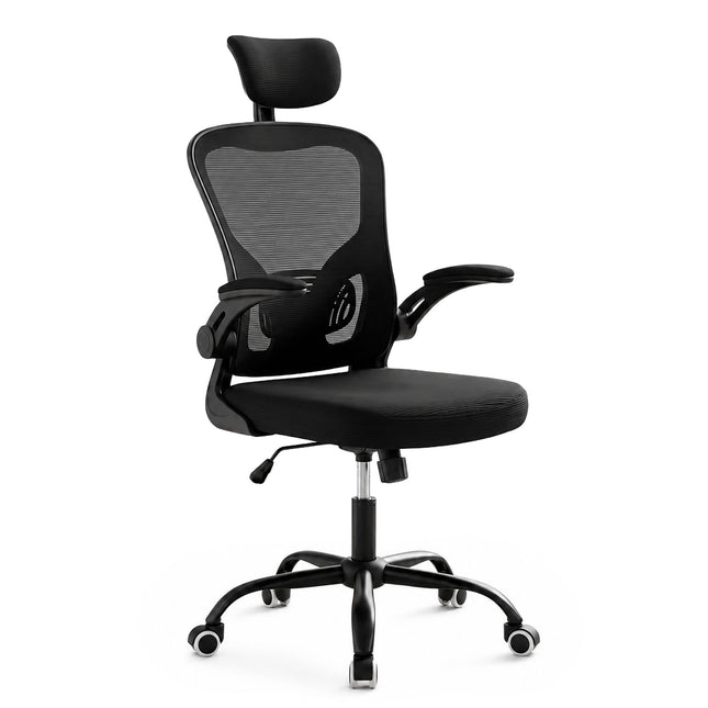 Ergonomisks melns biroja krēsls ar galvas un jostasvietas atbalstu