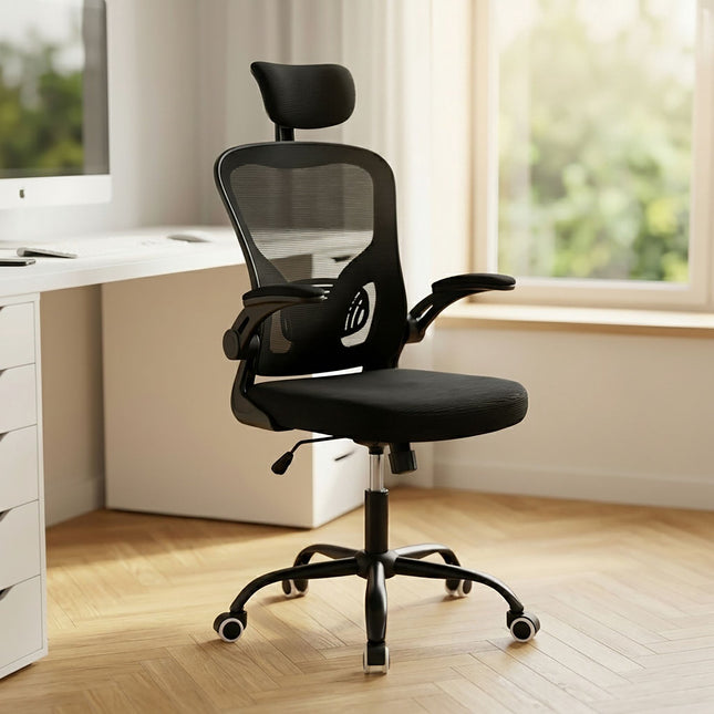 Ergonomisks melns biroja krēsls ar galvas un jostasvietas atbalstu