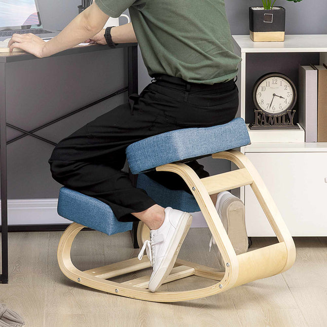 Ergonomisks krēsls ceļos, bērza koks, 120 kg celtspēja, zils