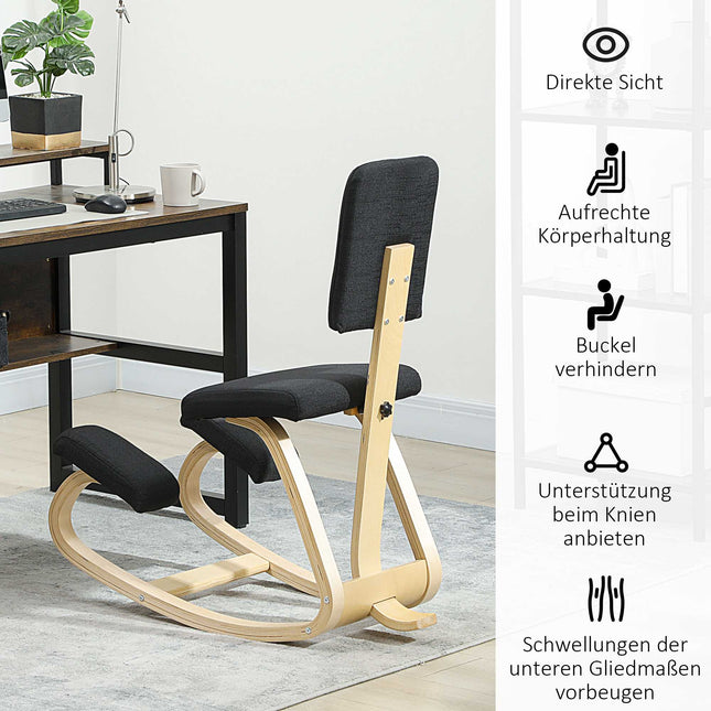 Ergonomisks krēsls ceļos, bērza koks, melns, lietošanai mājās un birojā