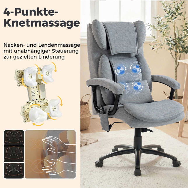 Ergonomisks masāžas biroja krēsls ar augstu atzveltni, pelēks samts