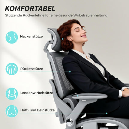 Ergonomisks sieta biroja krēsls, regulējami 4D roku balsti, pelēks