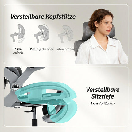 Ergonomisks sieta biroja krēsls, regulējami 4D roku balsti, pelēks