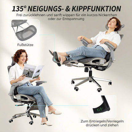 Ergonomisks sieta biroja krēsls, regulējami 4D roku balsti, pelēks