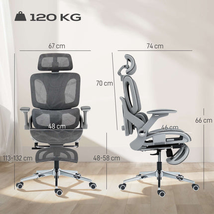 Ergonomisks sieta biroja krēsls, regulējami 4D roku balsti, pelēks