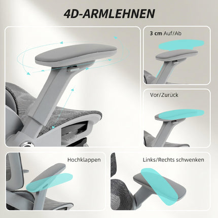 Ergonomisks sieta biroja krēsls, regulējami 4D roku balsti, pelēks