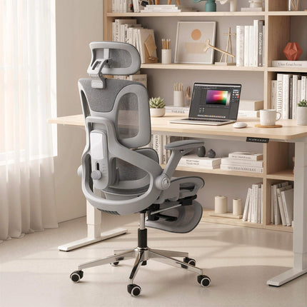 Ergonomisks sieta biroja krēsls, regulējami 4D roku balsti, pelēks