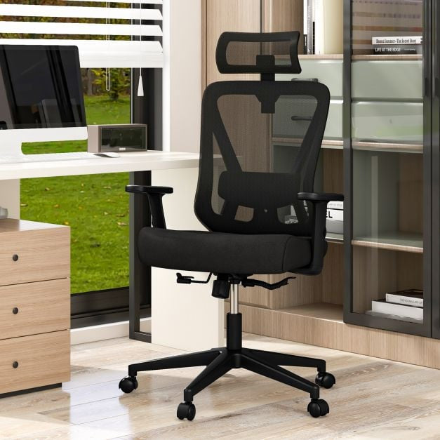 Ergonomisks sieta biroja krēsls, regulējams galvas balsts, melns