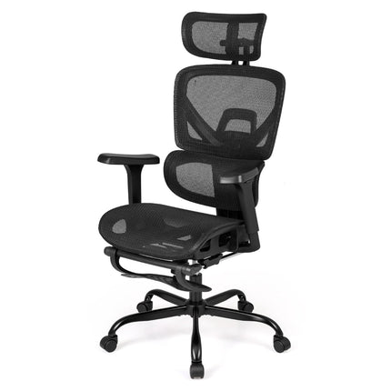 Ergonomisks sieta biroja krēsls ar kāju balstu, melns