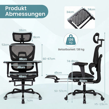 Ergonomisks sieta biroja krēsls ar kāju balstu, melns