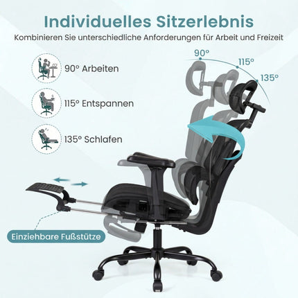 Ergonomisks sieta biroja krēsls ar kāju balstu, melns