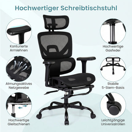 Ergonomisks sieta biroja krēsls ar kāju balstu, melns