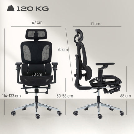 Ergonomisks biroja krēsls, regulējams jostasvietas un galvas balsts, melns siets