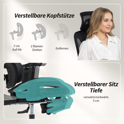 Ergonomisks biroja krēsls, regulējams jostasvietas un galvas balsts, melns siets