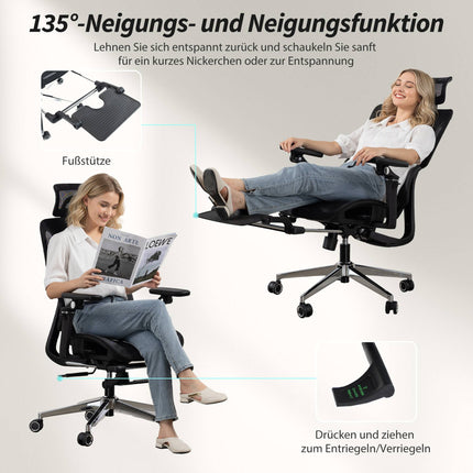 Ergonomisks biroja krēsls, regulējams jostasvietas un galvas balsts, melns siets
