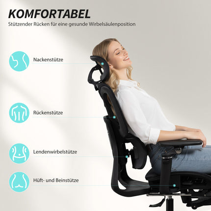 Ergonomisks biroja krēsls, regulējams jostasvietas un galvas balsts, melns siets