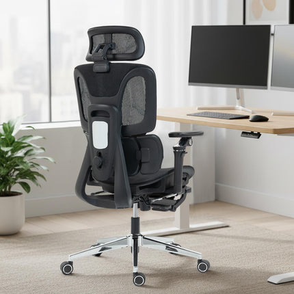 Ergonomisks biroja krēsls, regulējams jostasvietas un galvas balsts, melns siets
