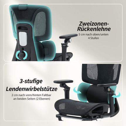 Ergonomisks biroja krēsls, regulējams jostasvietas un galvas balsts, melns siets