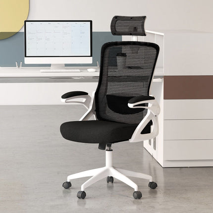 Ergonomisks biroja krēsls - regulējama jostasvieta, sieta audums, balts