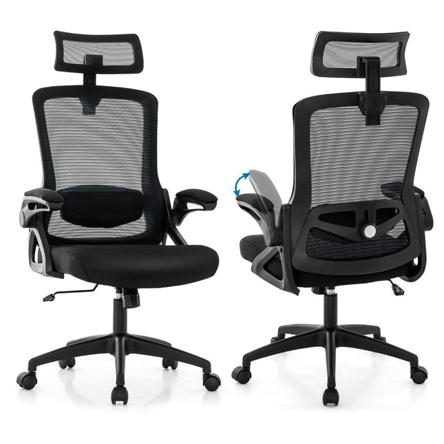 Ergonomisks biroja krēsls ar regulējamu jostasvietas atbalstu un galvas balstu, datora krēsls, melns
