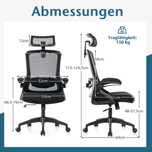 Ergonomisks biroja krēsls ar regulējamu jostasvietas atbalstu un galvas balstu, datora krēsls, melns