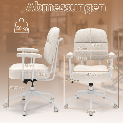 Ergonomisks biroja krēsls ar roku balstiem un riteņiem, bēšs